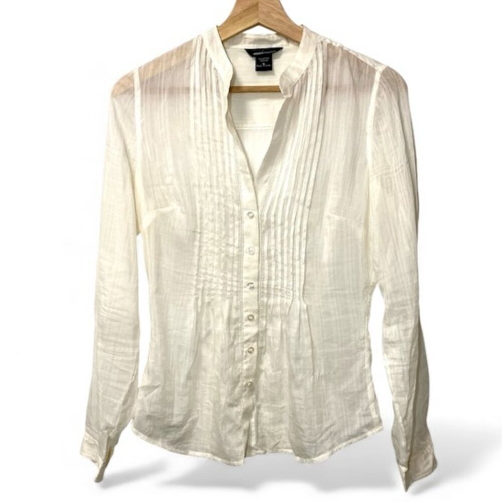 Moda International Mandarin Collar Tuxedo Pleated Blouse White Size S
